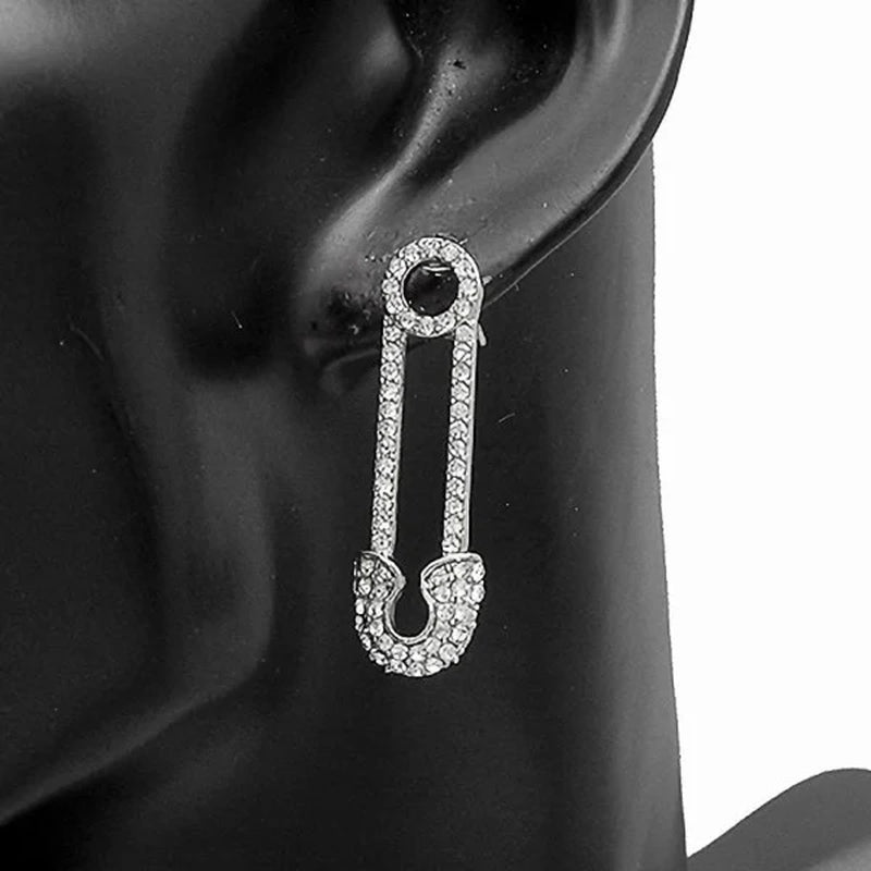 Safety Pin Rhinestone Dangle Long Earrings