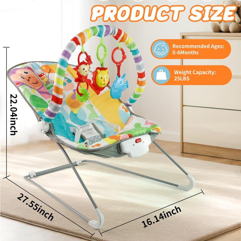 Baby Bouncer Soothing Vibrations Infant Seat - Removable Toy Bar, Nonslip Feet, 0-6 Months, Multi-Position Recline, Soft Padded Seat, Colorful Animal Patterns
