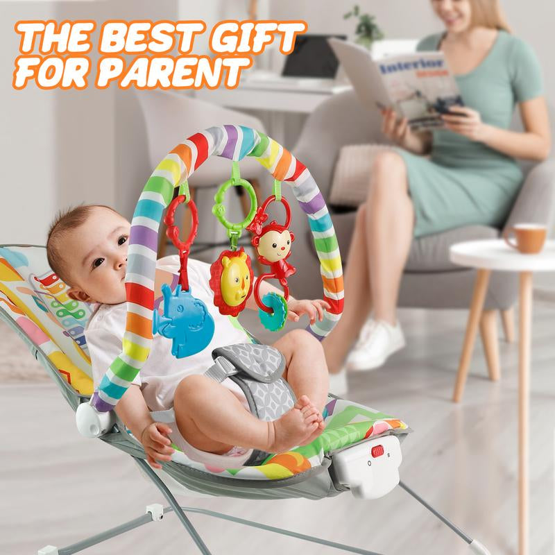 Baby Bouncer Soothing Vibrations Infant Seat - Removable Toy Bar, Nonslip Feet, 0-6 Months, Multi-Position Recline, Soft Padded Seat, Colorful Animal Patterns