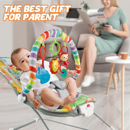 Baby Bouncer Soothing Vibrations Infant Seat - Removable Toy Bar, Nonslip Feet, 0-6 Months, Multi-Position Recline, Soft Padded Seat, Colorful Animal Patterns