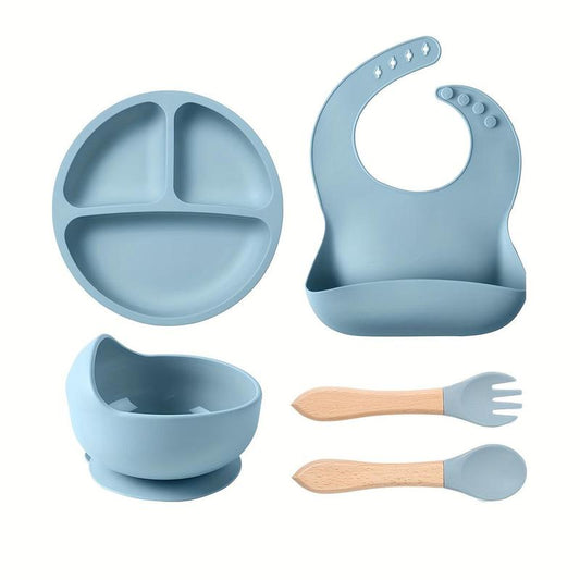 Baby Silicone Feeding Set, 5 Counts/Set Including Bib, Bowl, Plate, Spoon & Fork, Baby Dinnerware Set, Baby Tableware Set, Mold Bowl