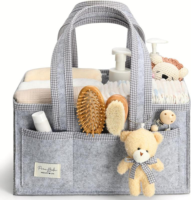 Perabella XL Diaper Caddy Organizer with Handle, Baby Shower Gifts Basket Bag, Registry Search Must Haves Items, Newborn Girl Boy Nursery Storage Organizer, Baby Bag Essentials, Car Diaper Caddy Cart