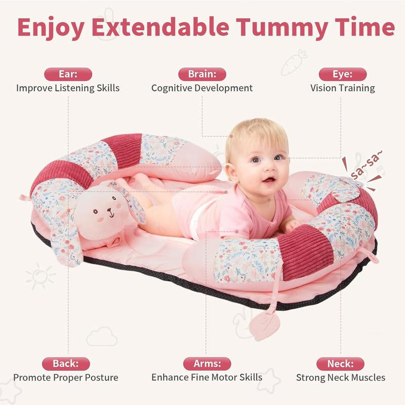 2-In-1 Tummy Time Mat & Seated Support Pillow with 5 Sensory Toys, Baby Floor Seat for Tummy Time & Early Sitting, Soft, Supportive, Essentials Development Gifts for Newborn Babies
