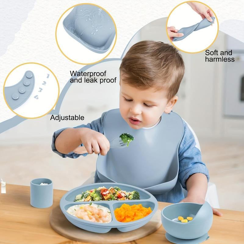 Baby Silicone Feeding Set, 5 Counts/Set Including Bib, Bowl, Plate, Spoon & Fork, Baby Dinnerware Set, Baby Tableware Set, Mold Bowl