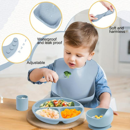 Baby Silicone Feeding Set, 5 Counts/Set Including Bib, Bowl, Plate, Spoon & Fork, Baby Dinnerware Set, Baby Tableware Set, Mold Bowl