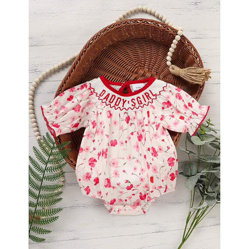 Infant Girls' Floral Smocked Romper 'DADDY'S Girl' Embroidery Short Sleeve Crew Neck Adorable Princess Party Bodysuit