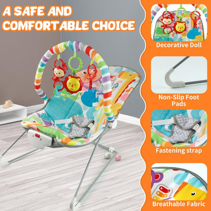 Baby Bouncer Soothing Vibrations Infant Seat - Removable Toy Bar, Nonslip Feet, 0-6 Months, Multi-Position Recline, Soft Padded Seat, Colorful Animal Patterns