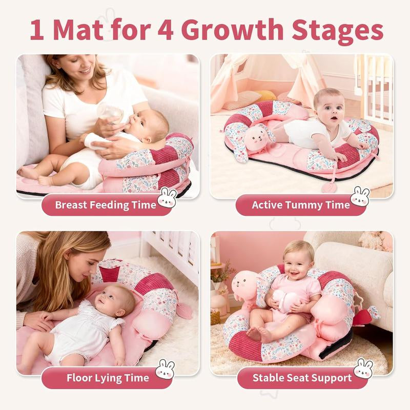 2-In-1 Tummy Time Mat & Seated Support Pillow with 5 Sensory Toys, Baby Floor Seat for Tummy Time & Early Sitting, Soft, Supportive, Essentials Development Gifts for Newborn Babies