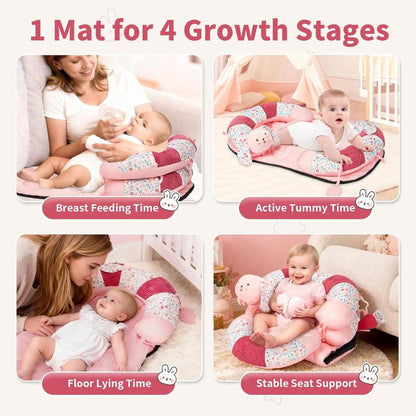 2-In-1 Tummy Time Mat & Seated Support Pillow with 5 Sensory Toys, Baby Floor Seat for Tummy Time & Early Sitting, Soft, Supportive, Essentials Development Gifts for Newborn Babies