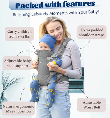 Baby Carrier Newborn to Toddler,4-In-1 Easy to Wear Ergonomic Adjustable Lightweight Infant Carrier,Newborn Baby Carrier for 8-32 Lbs,Dark Gray