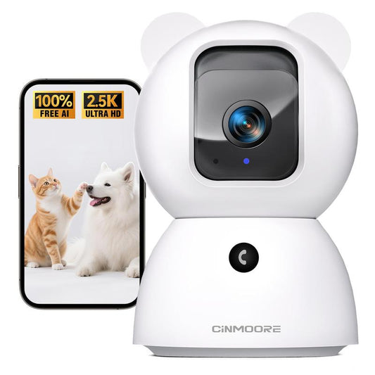 CINMOORE 2.5K 4MP Indoor Security Camera, No Subscription, Person & Pet Detection, PTZ Wifi Baby & Pet Monitor, Full Duplex Two-Way Audio, Color Night Vision, SD Card Local Storage, White (1 Pack)