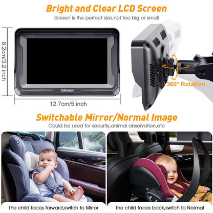 Dohonest Baby Car Camera HD 1080P: Rear-Facing Infant Safety Monitor with Night Vision, 360° Adjustable, Anti-Glare 4.3” Display, Wide-Angle View, Easy Install for Secure & Stress-Free Driving - Grey