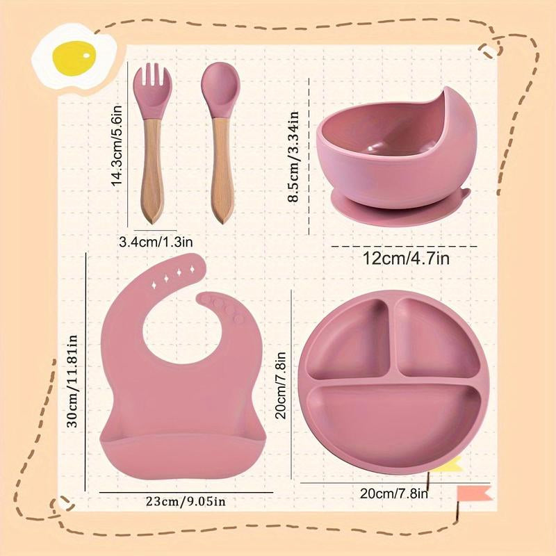 Baby Silicone Feeding Set, 5 Counts/Set Including Bib, Bowl, Plate, Spoon & Fork, Baby Dinnerware Set, Baby Tableware Set, Mold Bowl