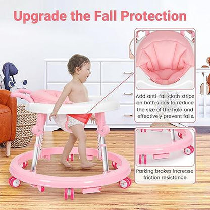 Foldable Baby Walker with 9 Adjustable Heights!Mute Wheels & Footrest, Perfect Activity Center for Boys & Girls Aged 7-18 Months, Portable & Space-Saving! ! Floorwalker