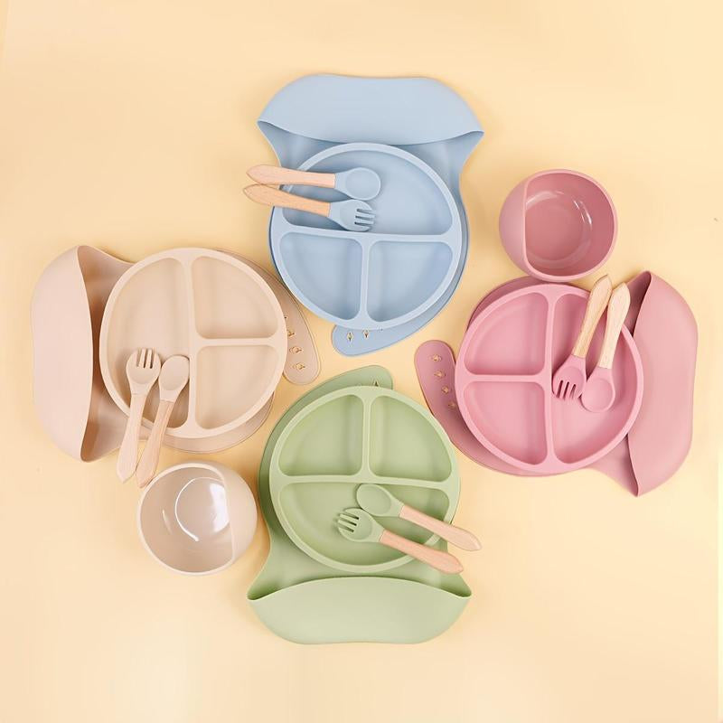 Baby Silicone Feeding Set, 5 Counts/Set Including Bib, Bowl, Plate, Spoon & Fork, Baby Dinnerware Set, Baby Tableware Set, Mold Bowl