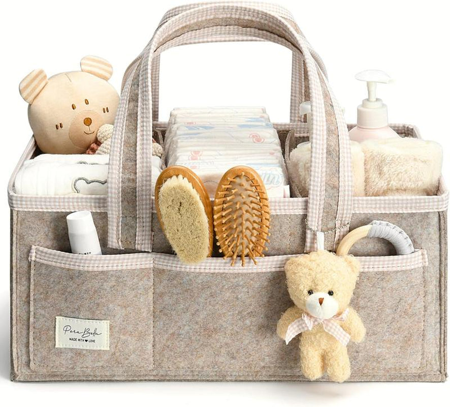 Perabella XL Diaper Caddy Organizer with Handle, Baby Shower Gifts Basket Bag, Registry Search Must Haves Items, Newborn Girl Boy Nursery Storage Organizer, Baby Bag Essentials, Car Diaper Caddy Cart