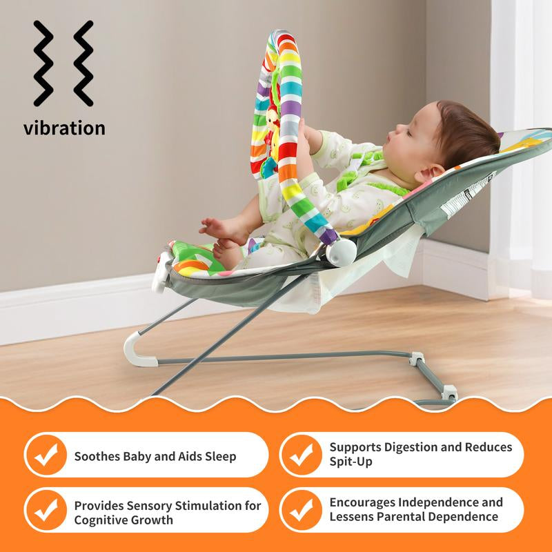 Baby Bouncer Soothing Vibrations Infant Seat - Removable Toy Bar, Nonslip Feet, 0-6 Months, Multi-Position Recline, Soft Padded Seat, Colorful Animal Patterns