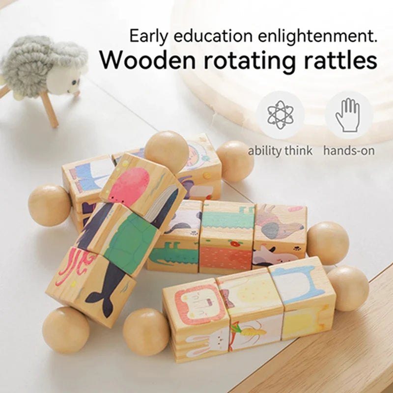 Baby Wooden Rotating Jigsaw Puzzle Hand Bell Toy Baby Mobile Musical Rattle Toy Montessori Puzzle Game for Babies Newbaby Gift
