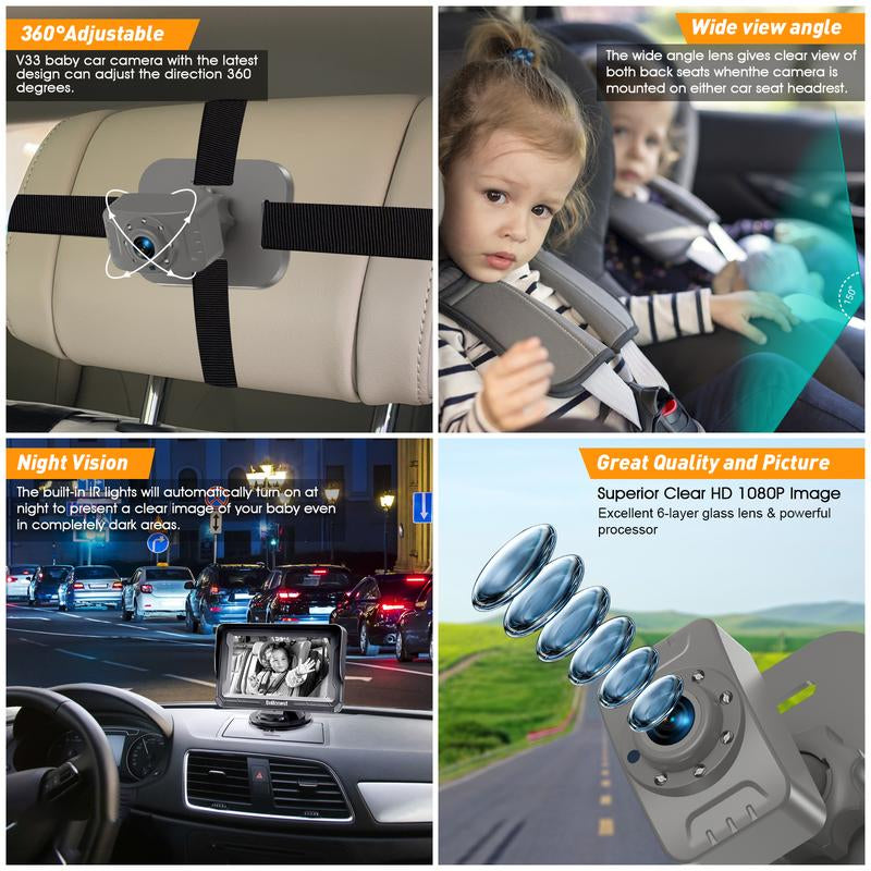 Dohonest Baby Car Camera HD 1080P: Rear-Facing Infant Safety Monitor with Night Vision, 360° Adjustable, Anti-Glare 4.3” Display, Wide-Angle View, Easy Install for Secure & Stress-Free Driving - Grey