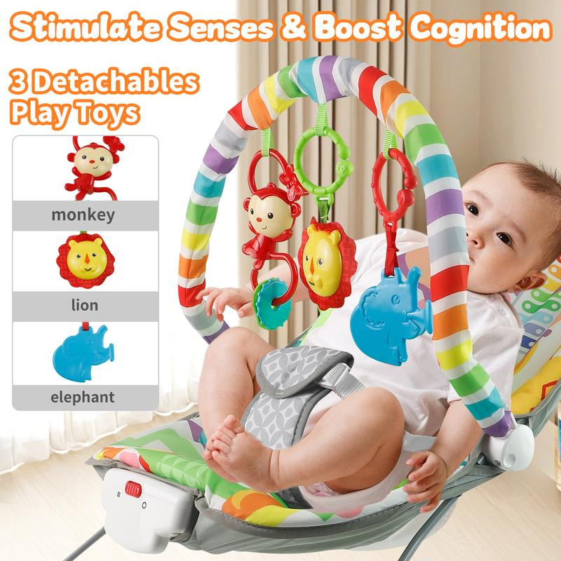 Baby Bouncer Soothing Vibrations Infant Seat - Removable Toy Bar, Nonslip Feet, 0-6 Months, Multi-Position Recline, Soft Padded Seat, Colorful Animal Patterns
