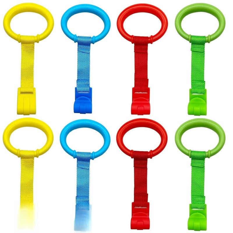 8PCS 4 Colors Baby Playpen Pull up Rings- Baby Crib Pull up Rings- Baby Walking Exercises Assistant Rings- Baby Bed Stand up Rings Baby Cot Hanging Rings for Infant Baby Toddler