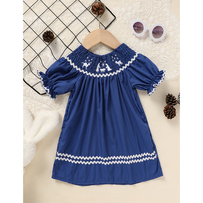 Toddler Infant Girl Christmas Santa Embroidery Short Sleeve Princess Party Dress Smocked Baby Girl Clothes
