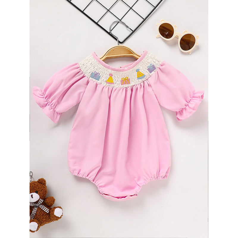 Infant Girls' Cute Birthday Smocked Bubble Romper Short Sleeves Crew Neck Cartoon Embroidery Princess Party Romper Bodysuit