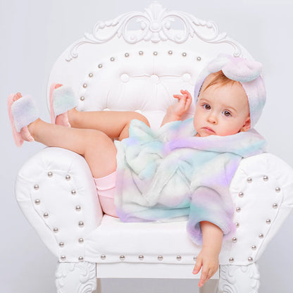 Toddler Bathrobe Set, 0-9 Months, Girls Bathrobe with Slippers & Turban, Toddler Bathrobe Plush Baby Robe, Tie Dye
