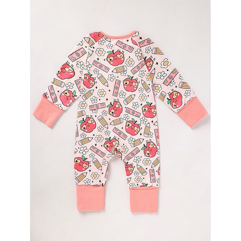 Adorable Infant Romper for Back to School Apple and Pencil Print Long Sleeve Jumpsuit Outfit