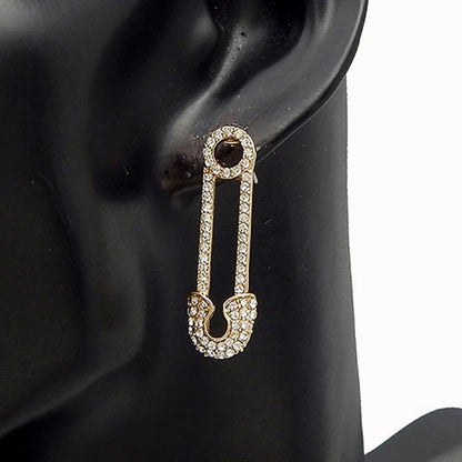 Safety Pin Rhinestone Dangle Long Earrings