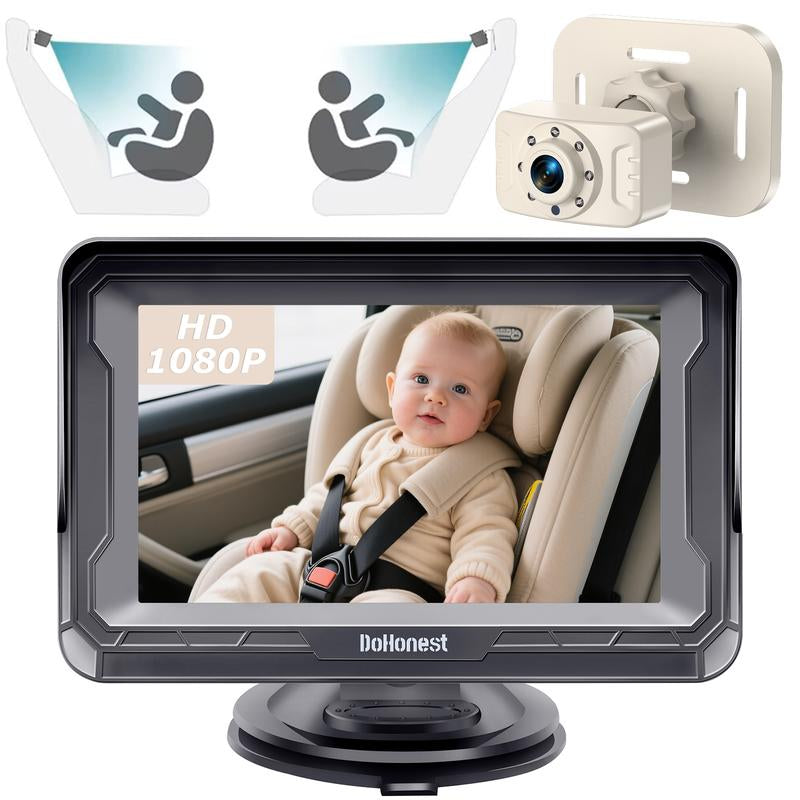 Dohonest Baby Car Camera HD 1080P: Rear-Facing Infant Safety Monitor with Night Vision, 360° Adjustable, Anti-Glare 4.3” Display, Wide-Angle View, Easy Install for Secure & Stress-Free Driving - Grey