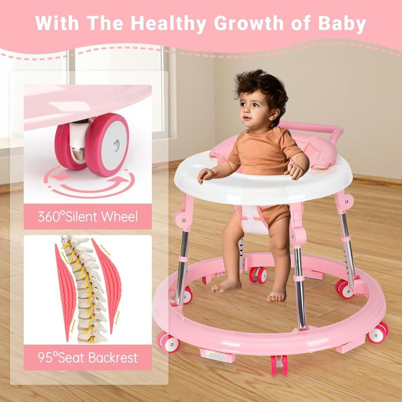 Foldable Baby Walker with 9 Adjustable Heights!Mute Wheels & Footrest, Perfect Activity Center for Boys & Girls Aged 7-18 Months, Portable & Space-Saving! ! Floorwalker