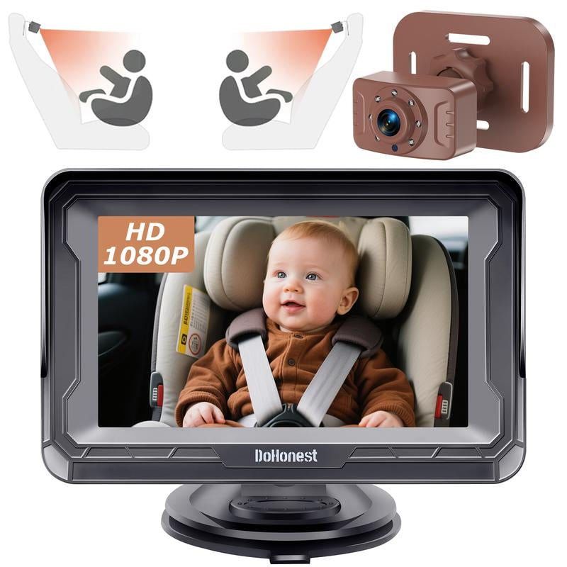 Dohonest Baby Car Camera HD 1080P: Rear-Facing Infant Safety Monitor with Night Vision, 360° Adjustable, Anti-Glare 4.3” Display, Wide-Angle View, Easy Install for Secure & Stress-Free Driving - Grey
