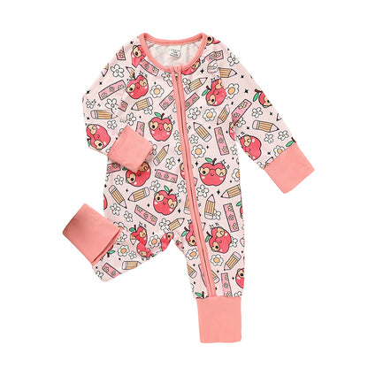Adorable Infant Romper for Back to School Apple and Pencil Print Long Sleeve Jumpsuit Outfit