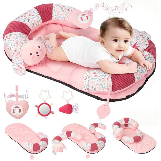 2-In-1 Tummy Time Mat & Seated Support Pillow with 5 Sensory Toys, Baby Floor Seat for Tummy Time & Early Sitting, Soft, Supportive, Essentials Development Gifts for Newborn Babies
