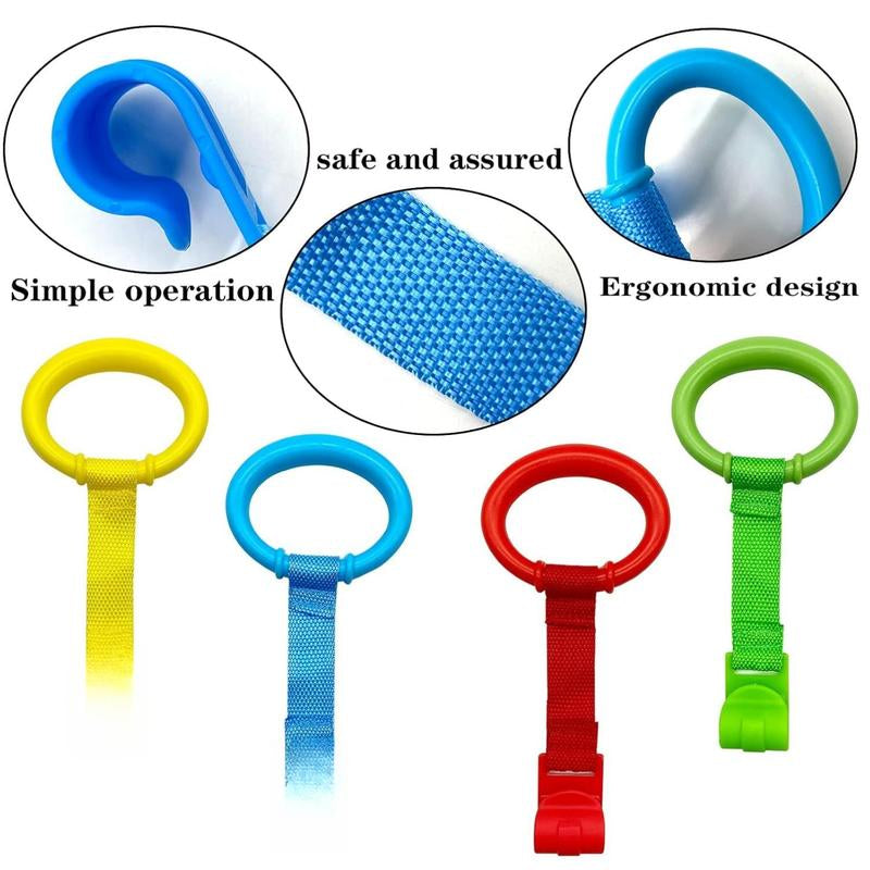 8PCS 4 Colors Baby Playpen Pull up Rings- Baby Crib Pull up Rings- Baby Walking Exercises Assistant Rings- Baby Bed Stand up Rings Baby Cot Hanging Rings for Infant Baby Toddler