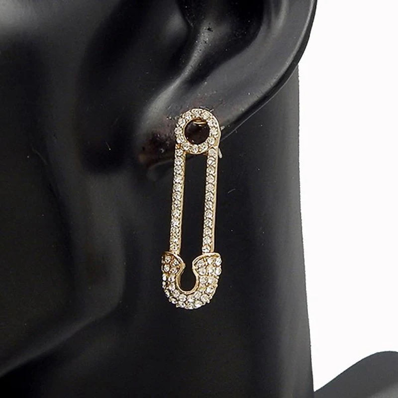 Safety Pin Rhinestone Dangle Long Earrings