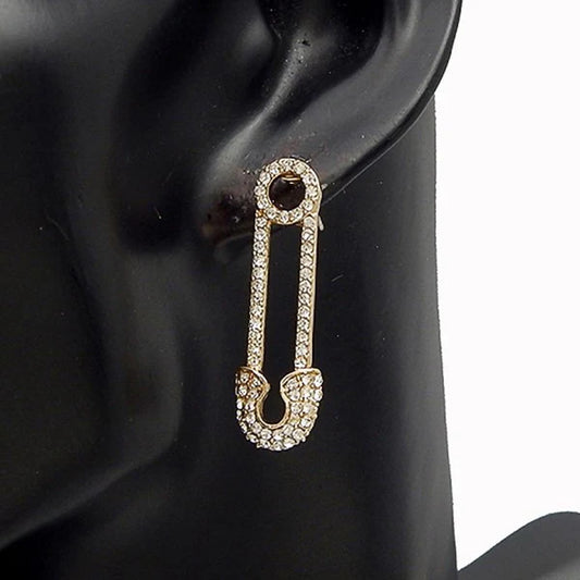 Safety Pin Rhinestone Dangle Long Earrings