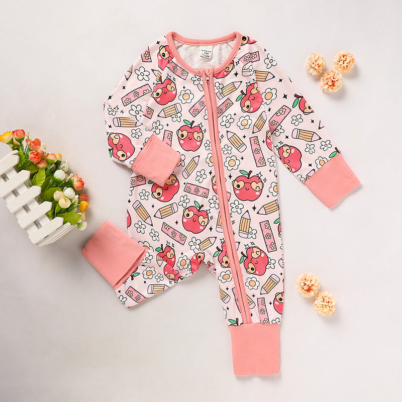 Adorable Infant Romper for Back to School Apple and Pencil Print Long Sleeve Jumpsuit Outfit
