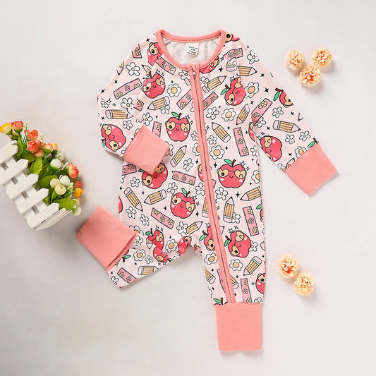 Adorable Infant Romper for Back to School Apple and Pencil Print Long Sleeve Jumpsuit Outfit