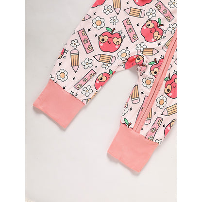 Adorable Infant Romper for Back to School Apple and Pencil Print Long Sleeve Jumpsuit Outfit