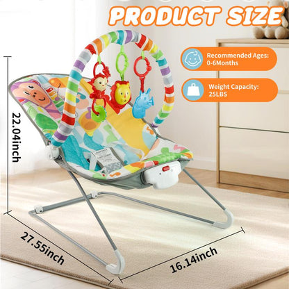 Baby Bouncer Soothing Vibrations Infant Seat - Removable Toy Bar, Nonslip Feet, 0-6 Months, Multi-Position Recline, Soft Padded Seat, Colorful Animal Patterns