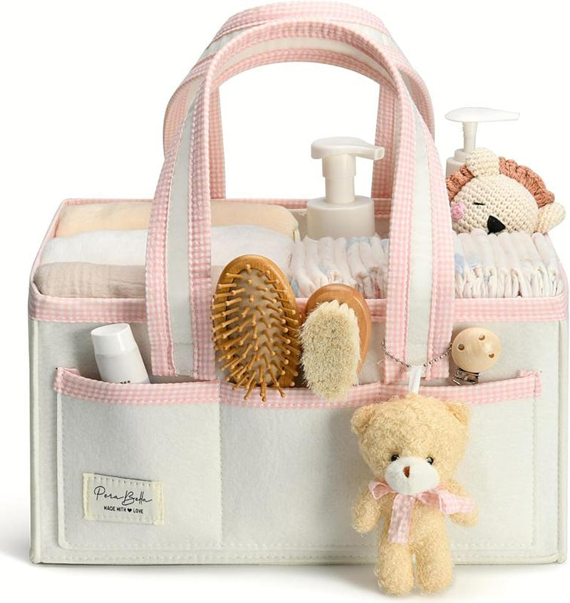 Perabella XL Diaper Caddy Organizer with Handle, Baby Shower Gifts Basket Bag, Registry Search Must Haves Items, Newborn Girl Boy Nursery Storage Organizer, Baby Bag Essentials, Car Diaper Caddy Cart
