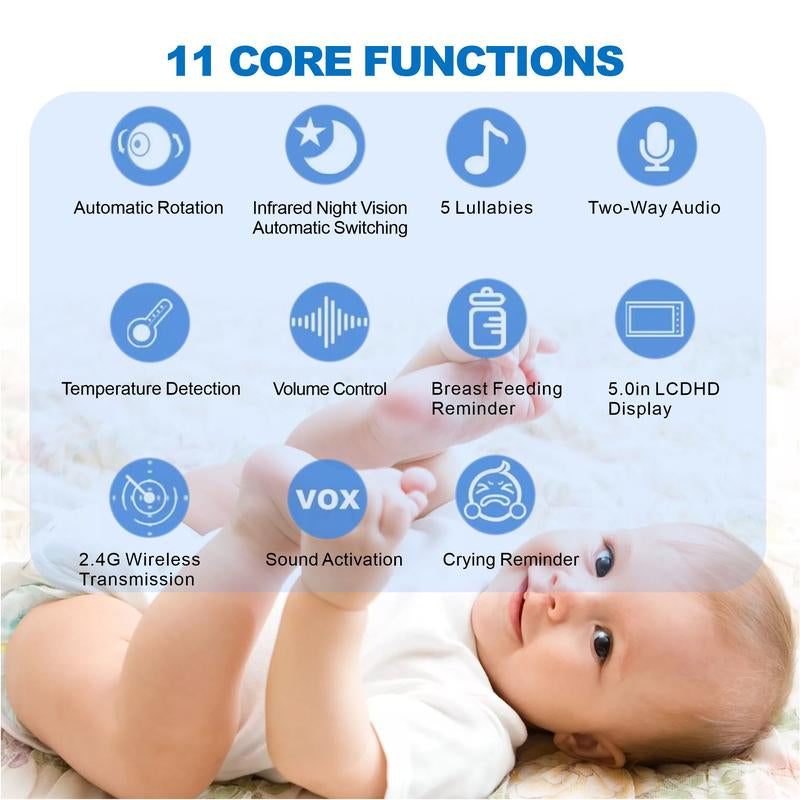5.0" Video Babymonitor, Remote Pan-Tilt-Zoomcamera,Nightvision,2-Way Audio, Lullabies &Temp Sensorfor Baby Safety
