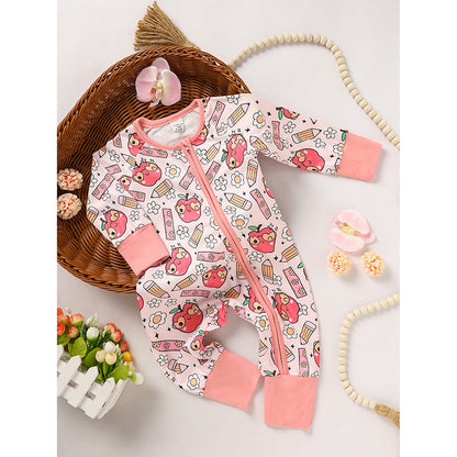 Adorable Infant Romper for Back to School Apple and Pencil Print Long Sleeve Jumpsuit Outfit