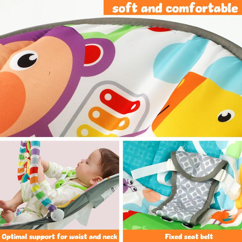 Baby Bouncer Soothing Vibrations Infant Seat - Removable Toy Bar, Nonslip Feet, 0-6 Months, Multi-Position Recline, Soft Padded Seat, Colorful Animal Patterns