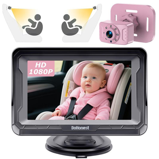 Dohonest Baby Car Camera HD 1080P: Rear-Facing Infant Safety Monitor with Night Vision, 360° Adjustable, Anti-Glare 4.3” Display, Wide-Angle View, Easy Install for Secure & Stress-Free Driving - Grey
