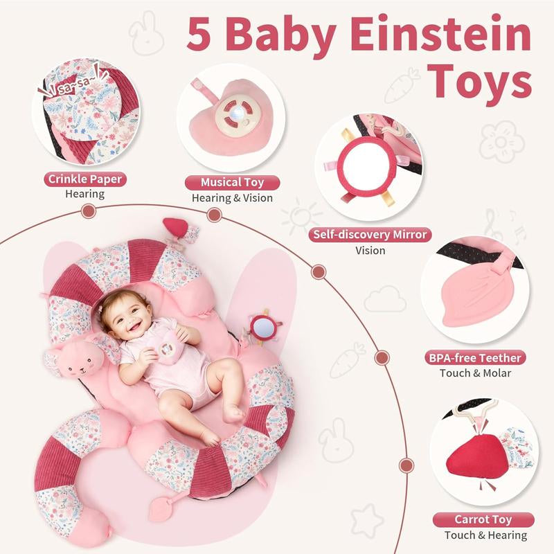 2-In-1 Tummy Time Mat & Seated Support Pillow with 5 Sensory Toys, Baby Floor Seat for Tummy Time & Early Sitting, Soft, Supportive, Essentials Development Gifts for Newborn Babies