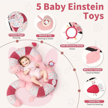 2-In-1 Tummy Time Mat & Seated Support Pillow with 5 Sensory Toys, Baby Floor Seat for Tummy Time & Early Sitting, Soft, Supportive, Essentials Development Gifts for Newborn Babies