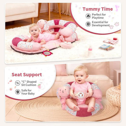 2-In-1 Tummy Time Mat & Seated Support Pillow with 5 Sensory Toys, Baby Floor Seat for Tummy Time & Early Sitting, Soft, Supportive, Essentials Development Gifts for Newborn Babies